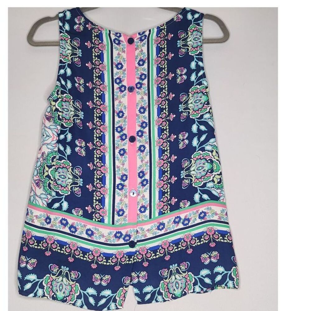 Anne Carson Womans Tank Tunic Top XS Back Button up‎ Blue/ Pink floral